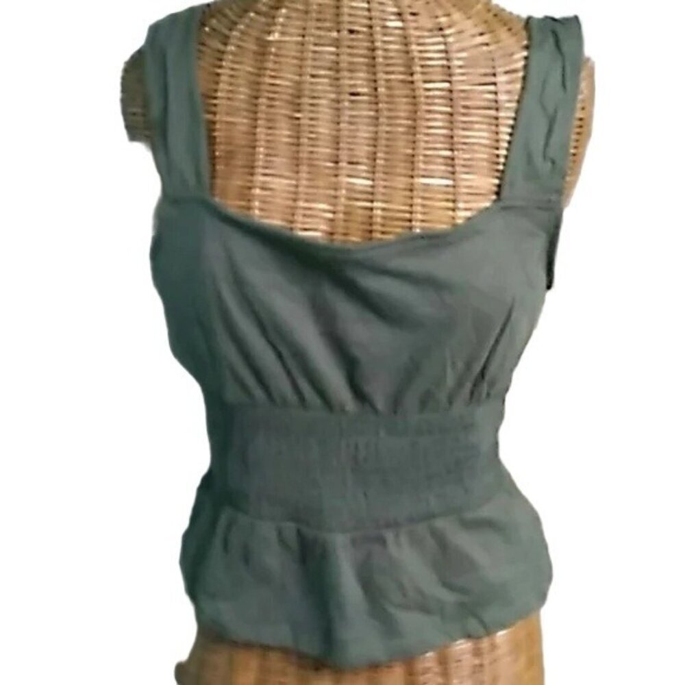 Express Green Square Neck Sleeveless Peplum Smocked Blouse